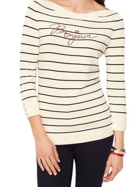 TALBOTS Cotton Blend Bonjour Breton Stripe Sweater Boat Neck Cream / Black Sz L
